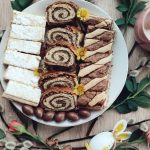 Top view of Easter desserts on a plate with coffee and spring flowers for a festive setting.